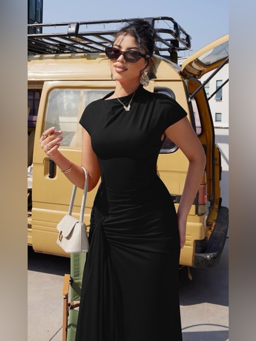 Elegant Black Cap-Sleeve Ruched Maxi Dress with corset back tie